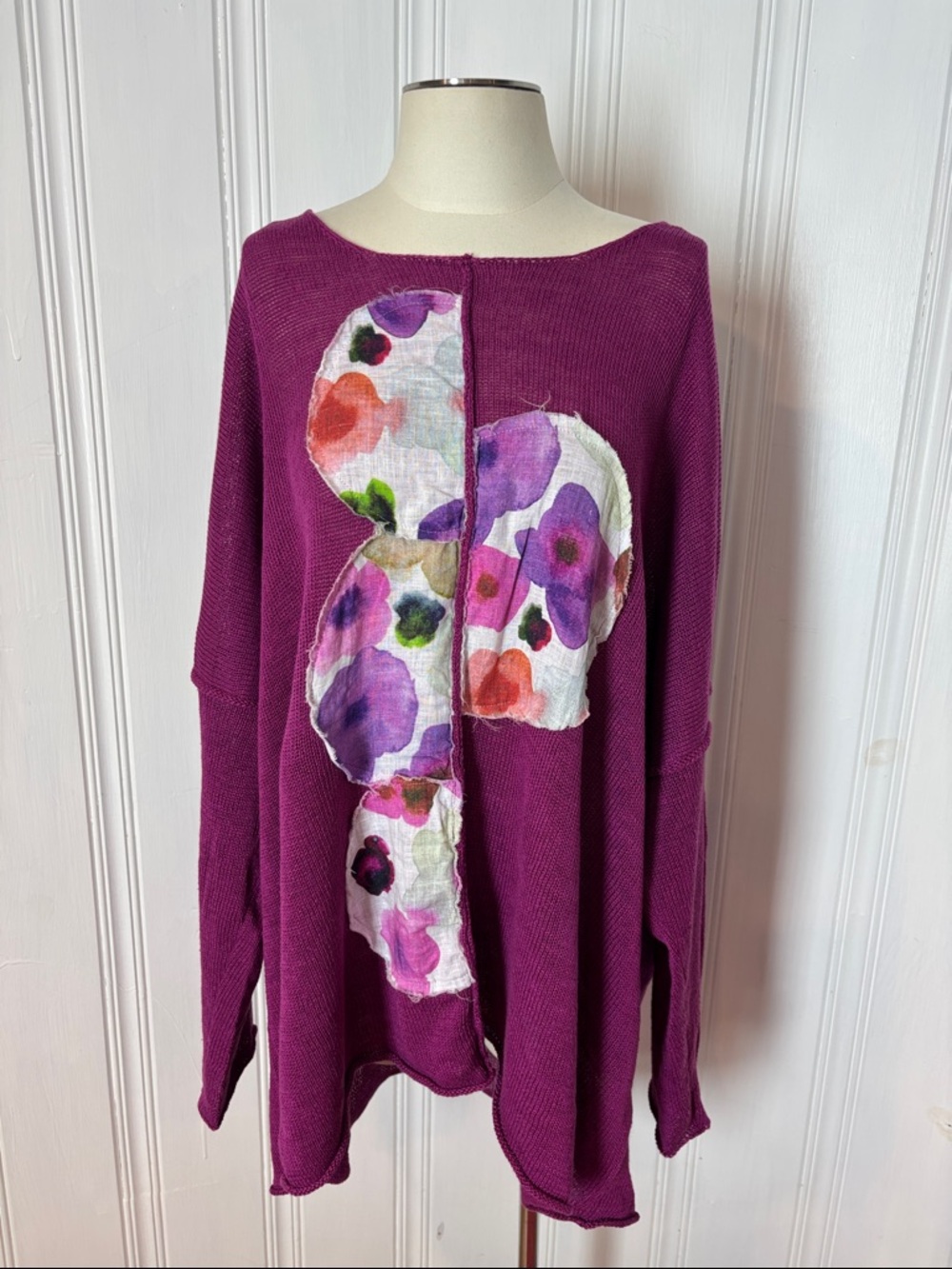 GRIZAS 100% Linen Purple Floral Appliqué Oversized Sweater - Size XXL